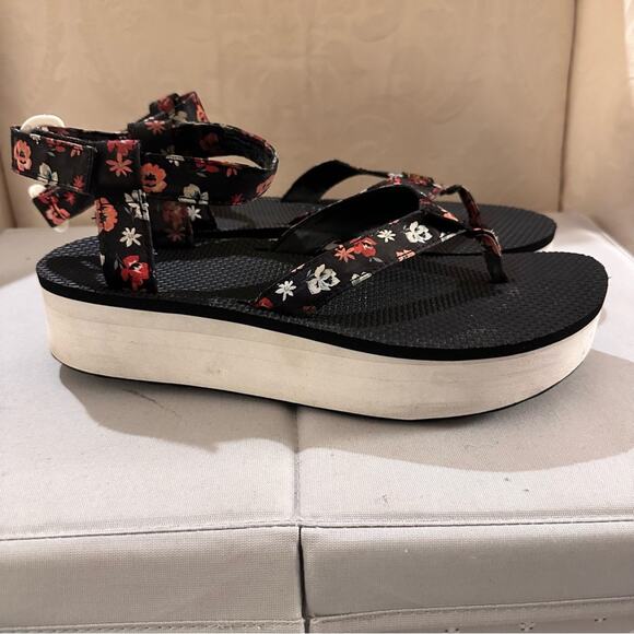 Teva Floral Platform Thong Chunky Casual Sandals Black Pink Red White Womens 10 - Picture 2 of 10